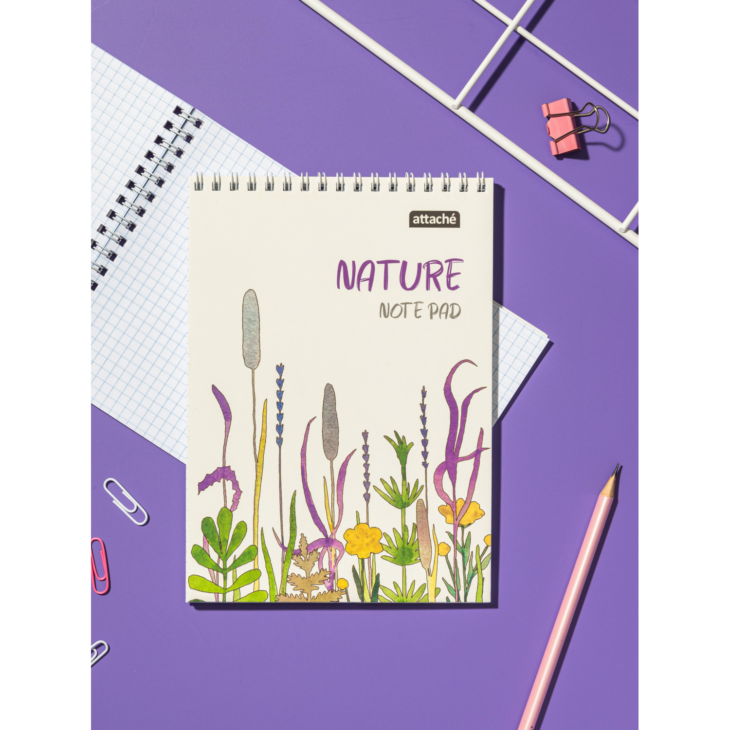 Блокнот А5 60л Attache Nature White flowers клет,65г,100%,греб,карт,ВД-лак