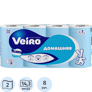 Бумага туалетная Veiro Домашняя 2сл бел втор втул 15м 8рул/уп 1с28