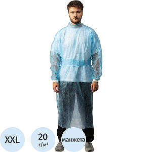 Халат н/с , на завязк, рук.манж, дл.110см, XXL,пл 20, голуб, 10 шт/уп