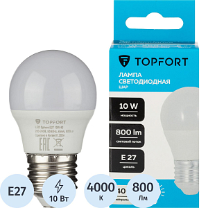 Лампа светодиодная Topfort E27 10W 4000K шар