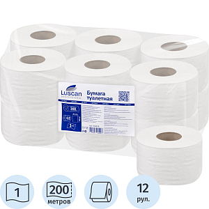 Бумага туалетная д/дисп Luscan Professional 1сл бел цел втул 200м 12рул/уп