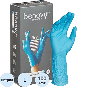 Перчатки нитрил, н/c, н/о, удлиненные, Benovy (L) 50п/уп, гол