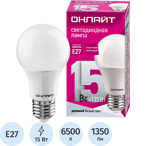 Лампа светодиодная ОНЛАЙТ OLL-A60-15-230-6.5K-E27   15Вт Е27 6500К 61151