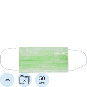 Маска медицинская 3-х сл., резинка, мятный/зеленый, Sense, картон 50шт/уп