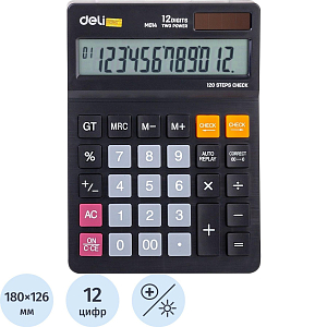 Калькулятор настольный ПОЛНОРАЗМ. Deli EM01420, 12-р,дв.пит, 180х126мм,чер