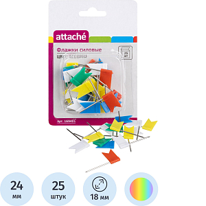 Кнопки силовые д/пробковых досок Attache ФЛАЖКИ,пластик,европ,ассор,25шт/уп