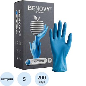 Перчатки нитрил., нестер., н/о, голубой Benovy (S) 100пар/уп CN