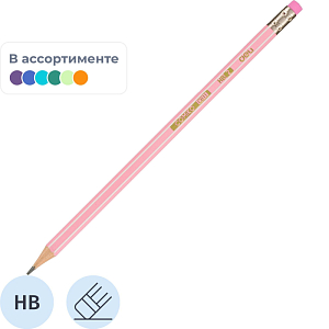 Карандаш чернографитный Deli EC011-HB шестигр., HB ластик, цвет АССОРТИ