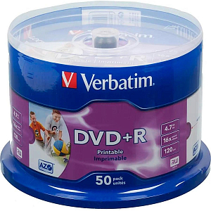 Носители информации DVD+R Verbatim 4.7Gb 16x Cake 50шт/уп Printable (43512)