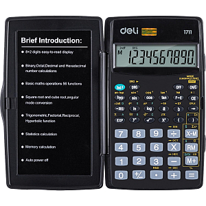 Калькулятор научный Deli E1711, 8-р, 56 функций, бат., 120x72мм, черный