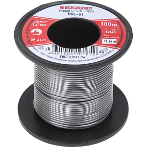 Припой без канифоли ПОС-61 REXANT, ?1,0 мм, 100 г, катушка (09-3121)
