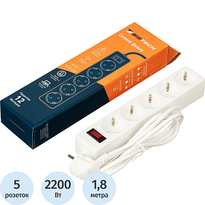 Сетевой фильтр BigTech STD-510-1,8-W (5р/1,8м/10А/2,2кВт/1мм2/белый)