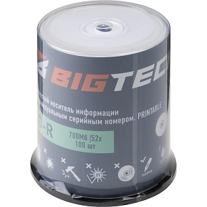 Носители информации Bigtech YCDRP001 CD-R 700МБ Printable 52x 100шт/уп cake