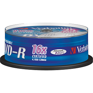 Носители информации DVD-R Printable, 16x, Verbatim Azo Wide, Cake/25, 43538
