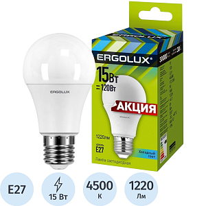 Лампа светодиодная Ergolux   LED-A60P-15W-E27-4K,1