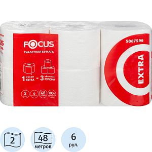 Бумага туалетная Focus Extra 2слбел 100%цел 48м 6рул/уп 5042265/5067596