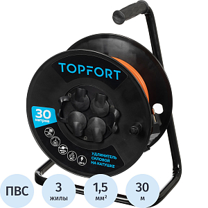 Удлинитель Topfort ПВС 3х1,5кв.мм, 30м на пласт.катушке, 4 роз. с/з, IP44