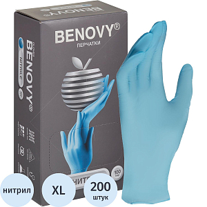 Перчатки нитрил., нестер., н/о, голубой Benovy (XL) 100пар/уп