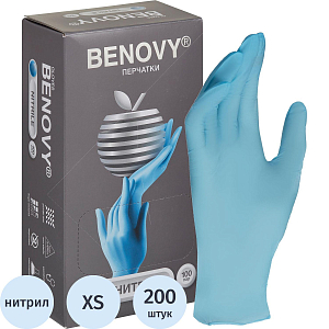 Перчатки нитрил., нестер., н/о, голубой Benovy (XS) 100пар/уп
