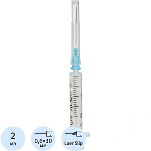Шприц 2-комп. однораз. 2мл LS 23G(0,6x30) прил. 100шт/уп KD-Ject