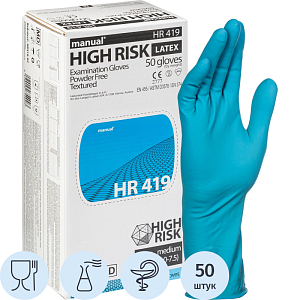 Перчатки мед.смотров. латекс,н/с,н/о, MANUAL HR419 High Risk  M 25пар,ПС