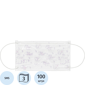 Маска медицинская 3-х сл., резинка,с рисунком 100шт/уп  Гекса