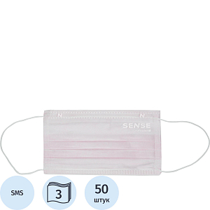 Маска медицинская 3-х сл., резинка, розовый, Sense, картон 50шт/уп