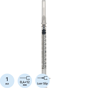 Шприц инсулиновый U-100 1мл 27G(0,4x12) над. 150шт/уп Джинлонг