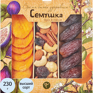 Коктейль смесь орехов с королевскими финиками и персиками Семушка, 230г