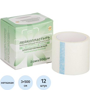 Лейкопластырь 3х500см нетканый в картон LEIKO, 12 шт/уп