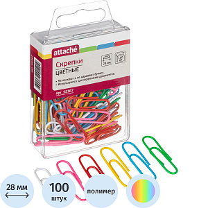 Скрепки Attache с полимерным покрытием,28 мм,разноцветные,европод,100 шт/уп
