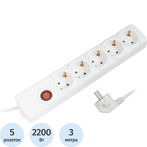 Сетевой фильтр BigTech BT510-3-W(5р/3м/10А/2,2кВт/3х0,75 мм2/белый)