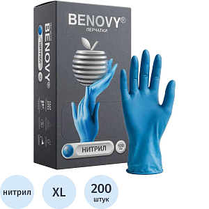Перчатки нитрил., нестер., н/о, голубой Benovy (XL) 100пар/уп CN
