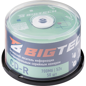 Носители информации Bigtech YCDRB002 CD-R 700 МБ/52х/50шт/уп cake box