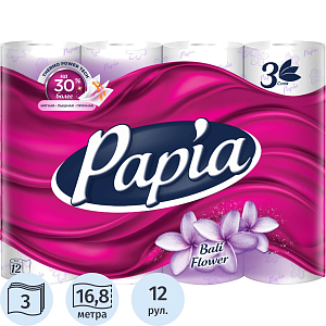 Бумага туалетная Papia Балийский Цветок 3сл бел 100%цел 16,8м 140л 12рул/уп
